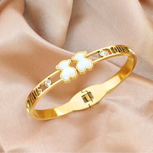 18k Gold Double white Bear Bangle Bracelet - Picture 3 of 3
